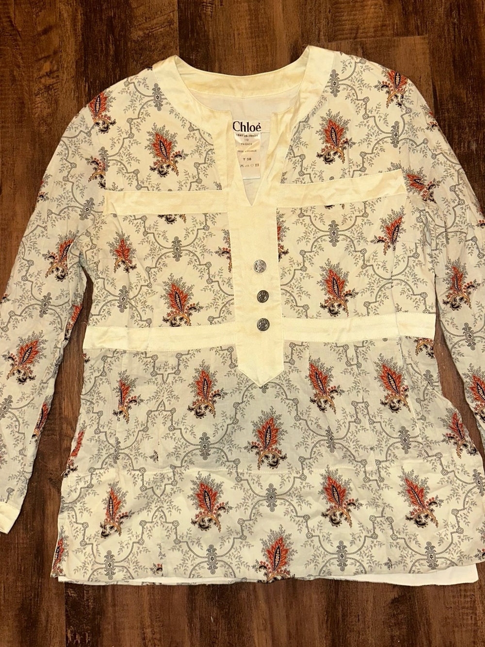 Vintage 2003 Cholé Cream Printed 3/4 sleeve Tunic Top